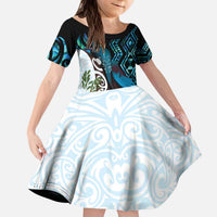 New Zealand Silver Fern Tui Bird Kid Short Sleeve Dress Maori Kowhai Paua Shell Taniko Motifs LT14 KID Turquoise - Polynesian Pride