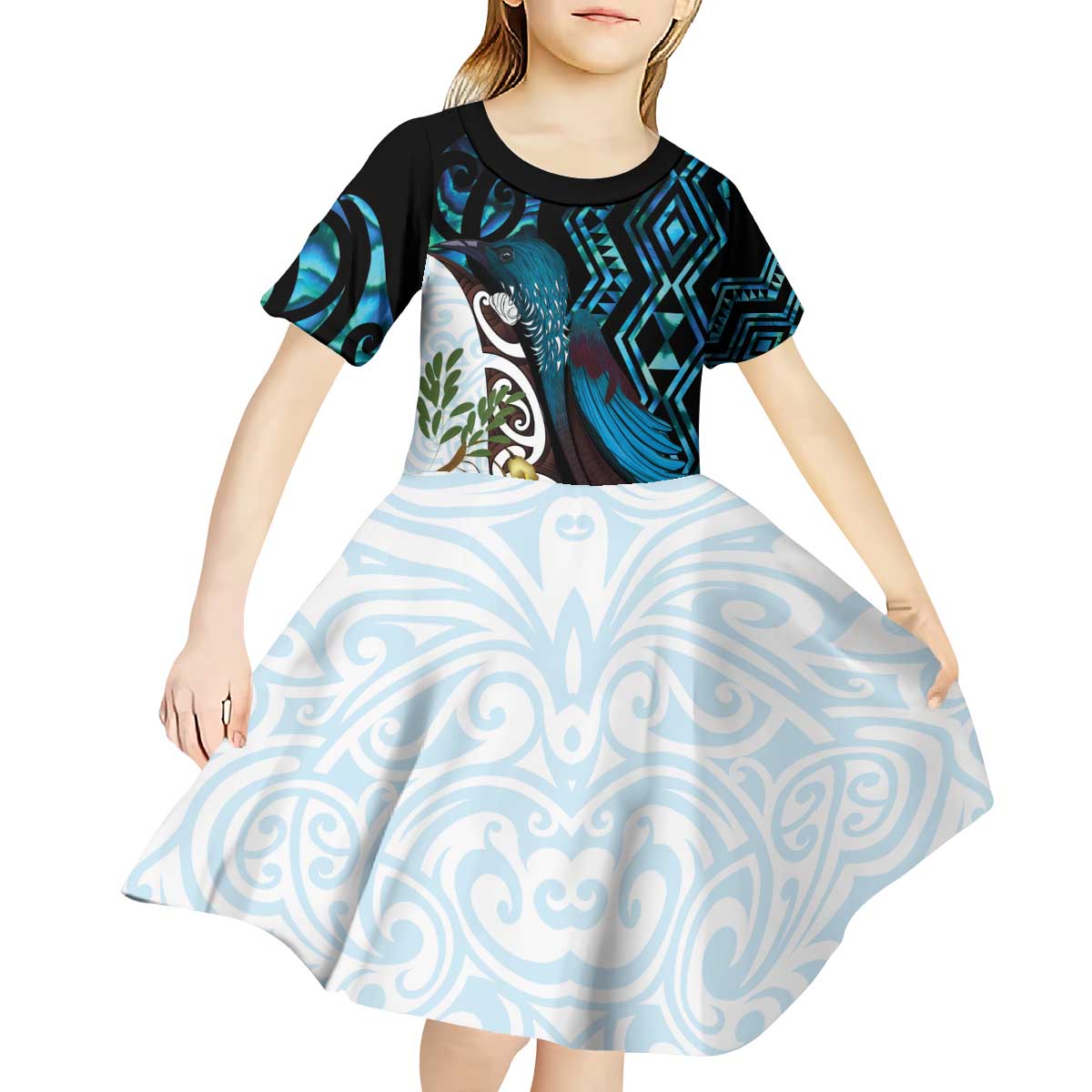New Zealand Silver Fern Tui Bird Kid Short Sleeve Dress Maori Kowhai Paua Shell Taniko Motifs LT14 - Polynesian Pride