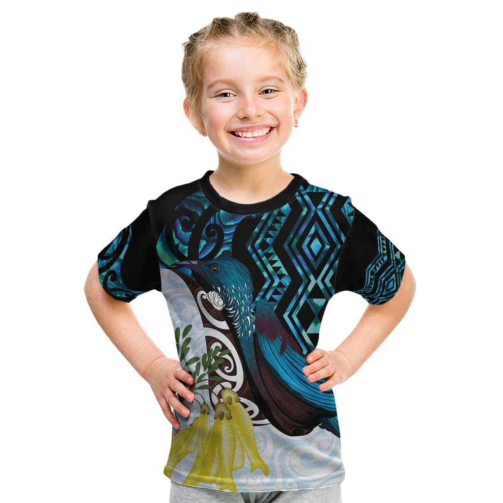 New Zealand Silver Fern Tui Bird Kid T Shirt Maori Kowhai Paua Shell Taniko Motifs LT14 Turquoise - Polynesian Pride