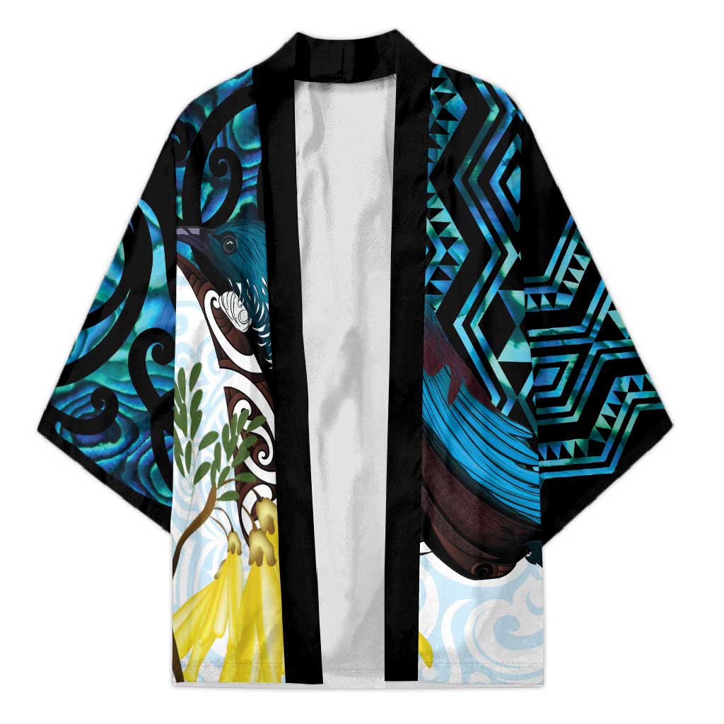 New Zealand Silver Fern Tui Bird Kimono Maori Kowhai Paua Shell Taniko Motifs LT14 Unisex Turquoise - Polynesian Pride