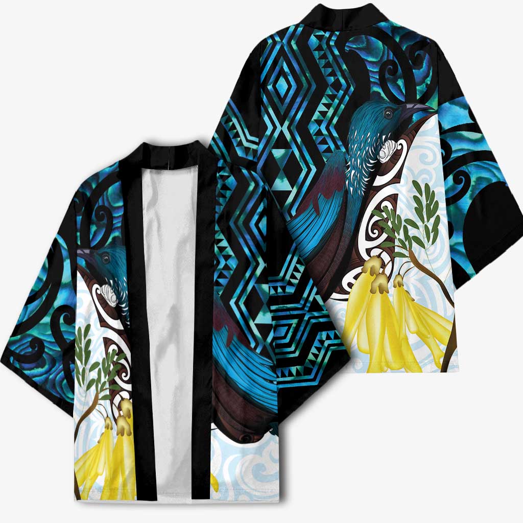 New Zealand Silver Fern Tui Bird Kimono Maori Kowhai Paua Shell Taniko Motifs LT14 - Polynesian Pride