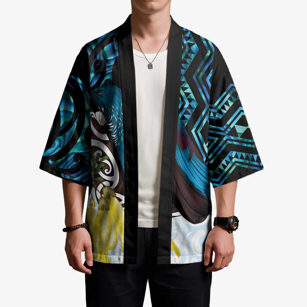New Zealand Silver Fern Tui Bird Kimono Maori Kowhai Paua Shell Taniko Motifs LT14 - Polynesian Pride