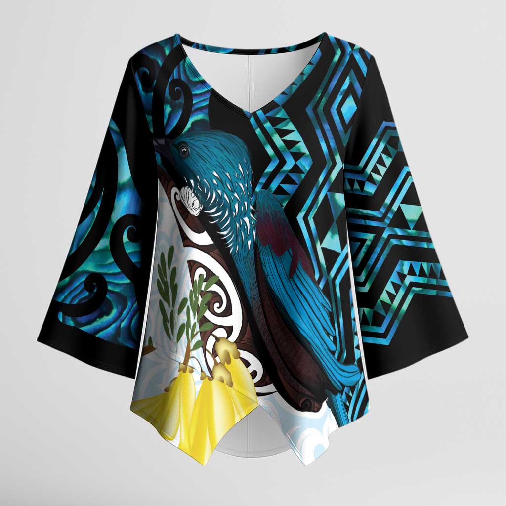 New Zealand Silver Fern Tui Bird Kimono Sleeve Blouse Maori Kowhai Paua Shell Taniko Motifs LT14 Female Turquoise - Polynesian Pride