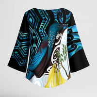 New Zealand Silver Fern Tui Bird Kimono Sleeve Blouse Maori Kowhai Paua Shell Taniko Motifs LT14 - Polynesian Pride