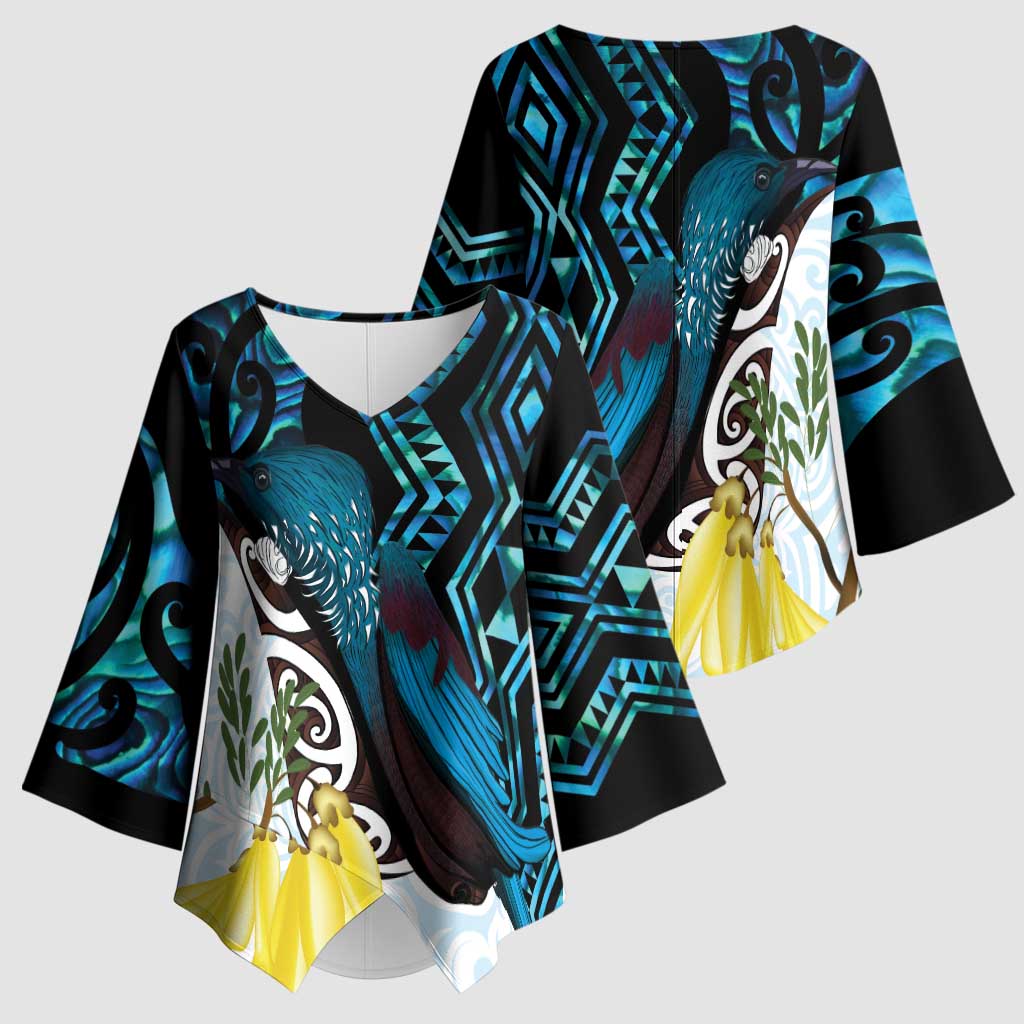 New Zealand Silver Fern Tui Bird Kimono Sleeve Blouse Maori Kowhai Paua Shell Taniko Motifs LT14 - Polynesian Pride