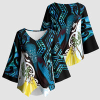 New Zealand Silver Fern Tui Bird Kimono Sleeve Blouse Maori Kowhai Paua Shell Taniko Motifs LT14 - Polynesian Pride