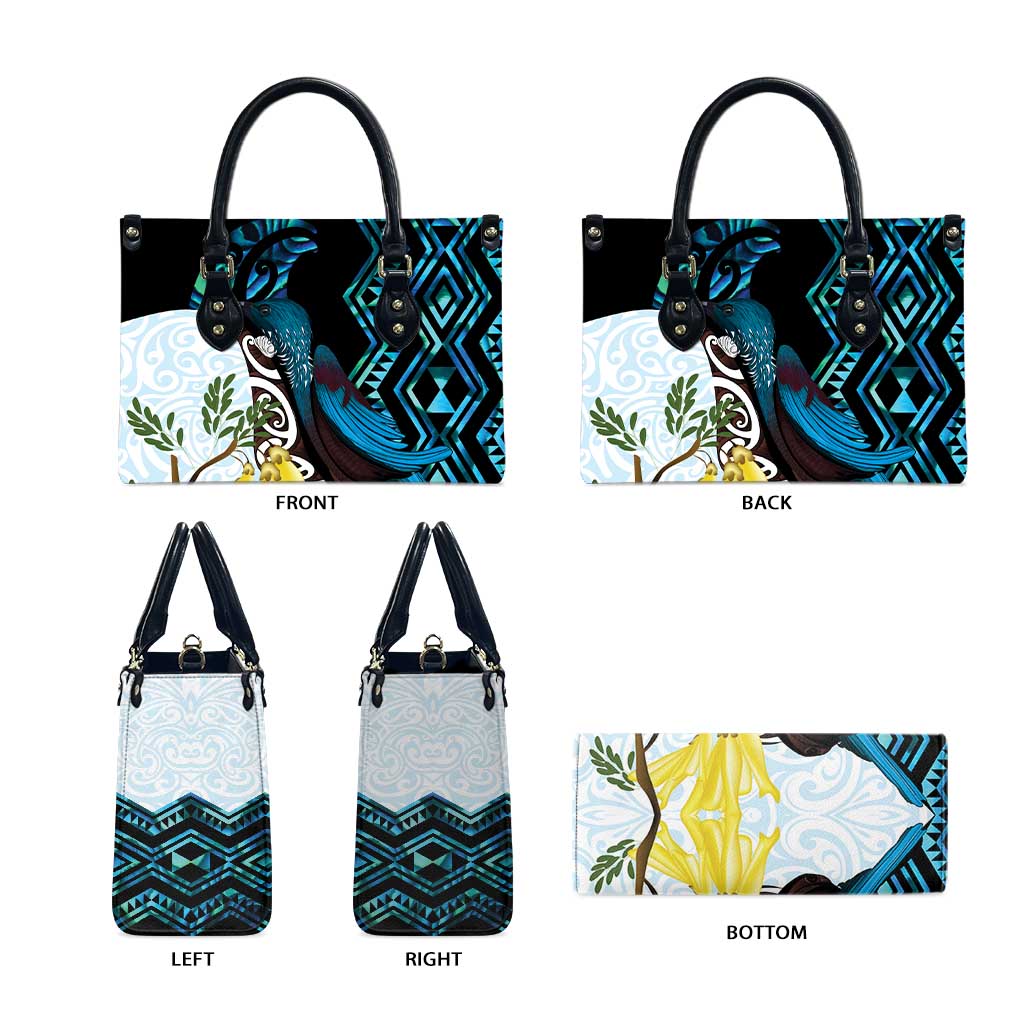 New Zealand Silver Fern Tui Bird Leather Bag Maori Kowhai Paua Shell Taniko Motifs LT14 - Polynesian Pride