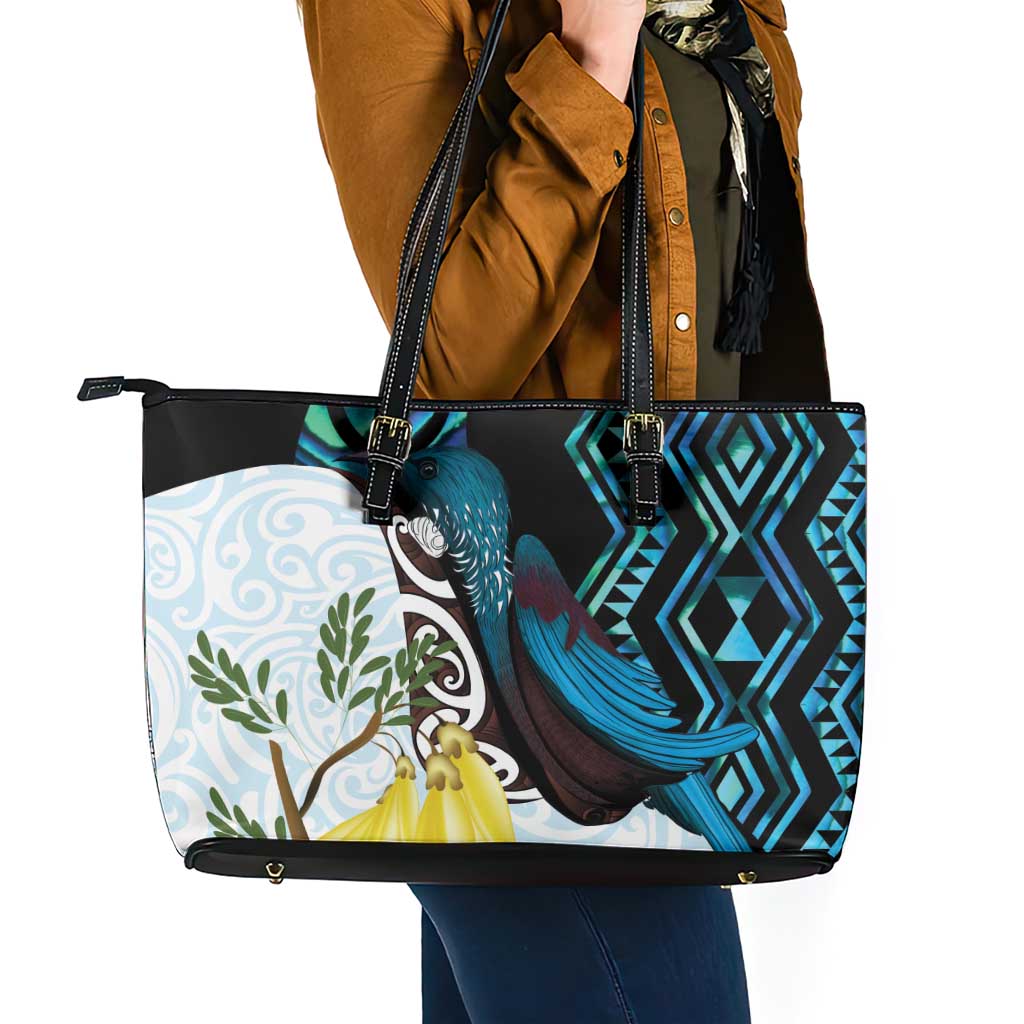 New Zealand Silver Fern Tui Bird Leather Tote Bag Maori Kowhai Paua Shell Taniko Motifs LT14 - Polynesian Pride