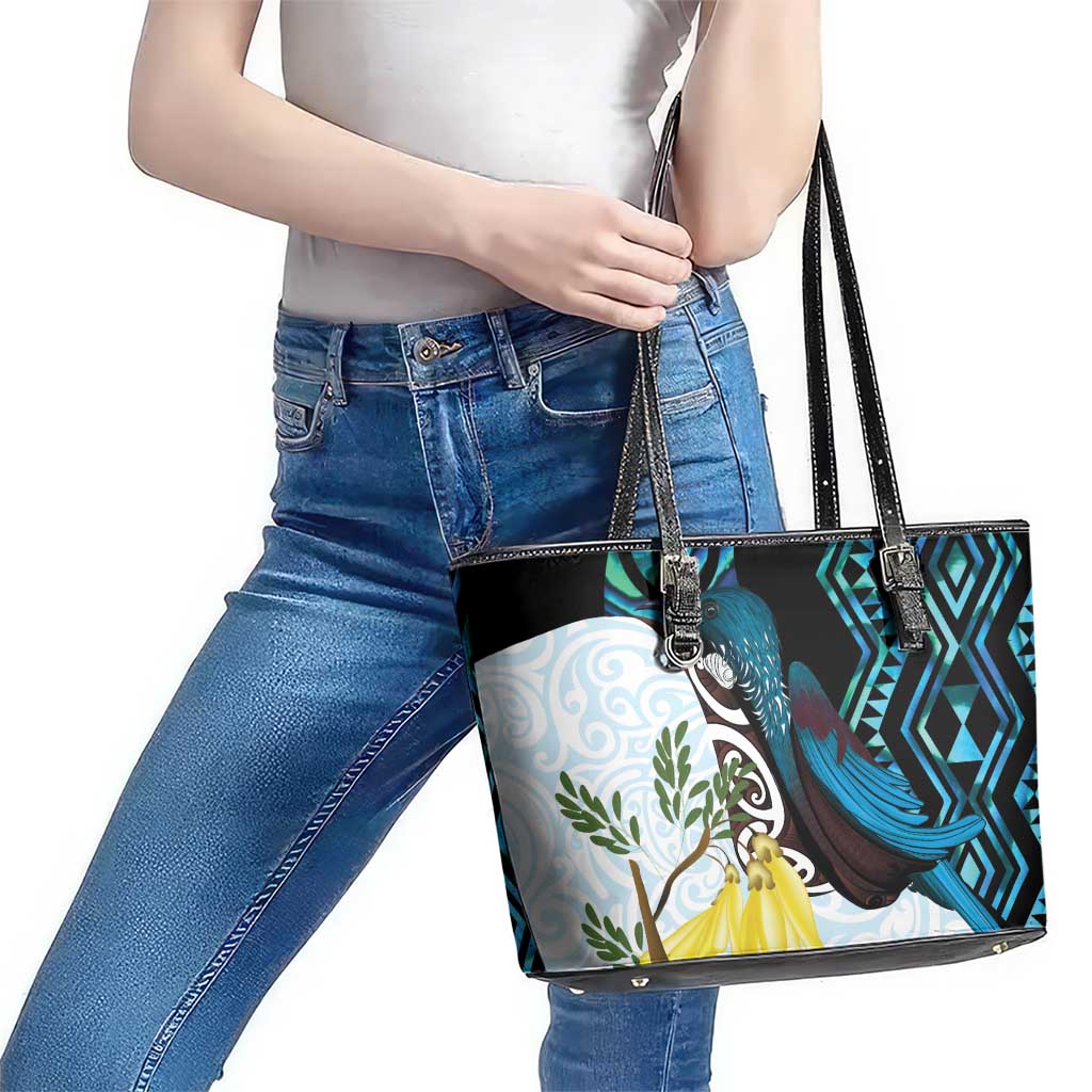 New Zealand Silver Fern Tui Bird Leather Tote Bag Maori Kowhai Paua Shell Taniko Motifs LT14 - Polynesian Pride