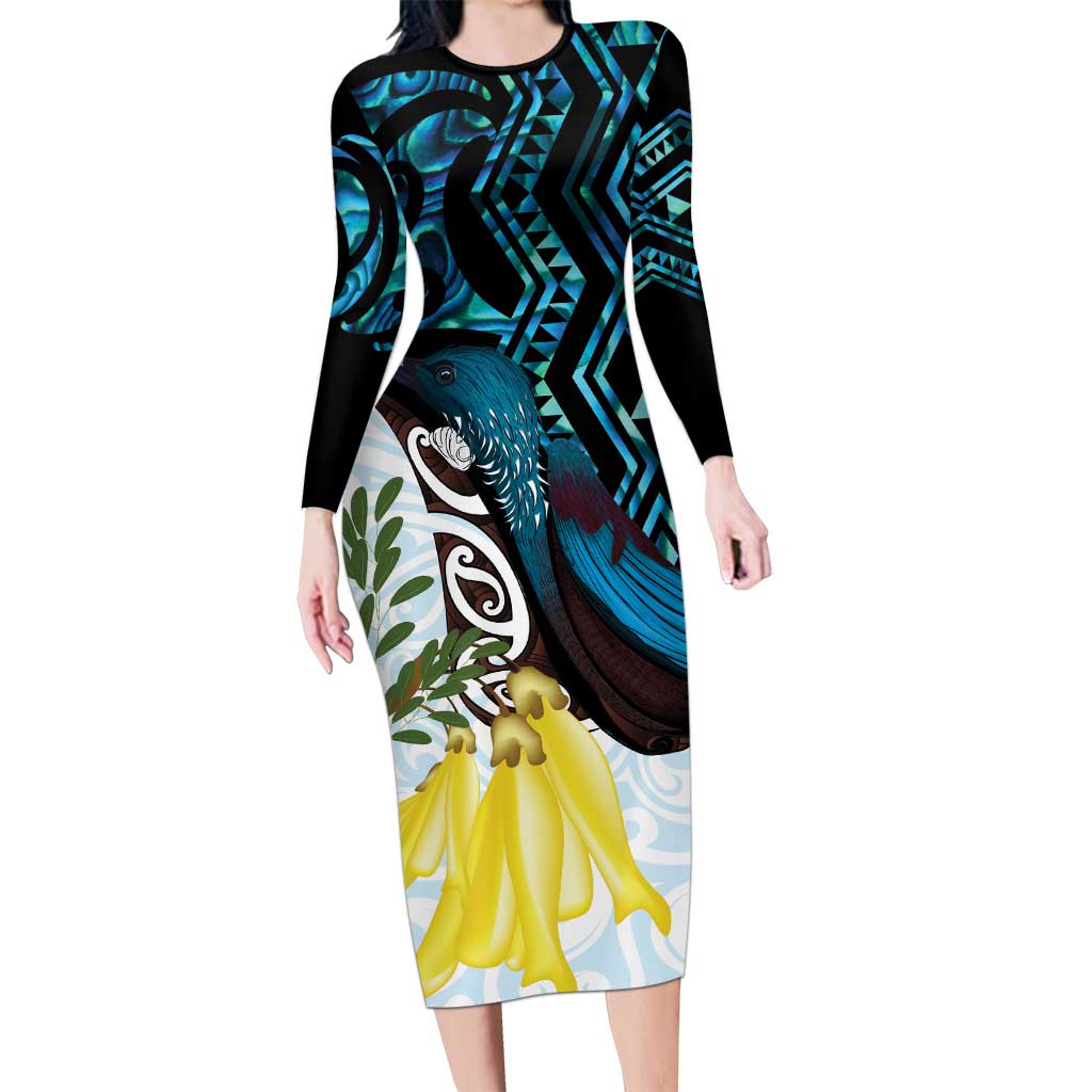 New Zealand Silver Fern Tui Bird Long Sleeve Bodycon Dress Maori Kowhai Paua Shell Taniko Motifs LT14 Long Dress Turquoise - Polynesian Pride