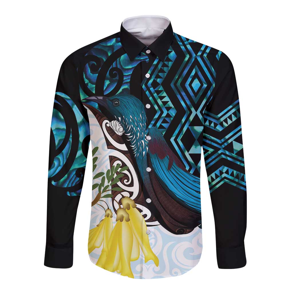 New Zealand Silver Fern Tui Bird Long Sleeve Button Shirt Maori Kowhai Paua Shell Taniko Motifs LT14 Unisex Turquoise - Polynesian Pride