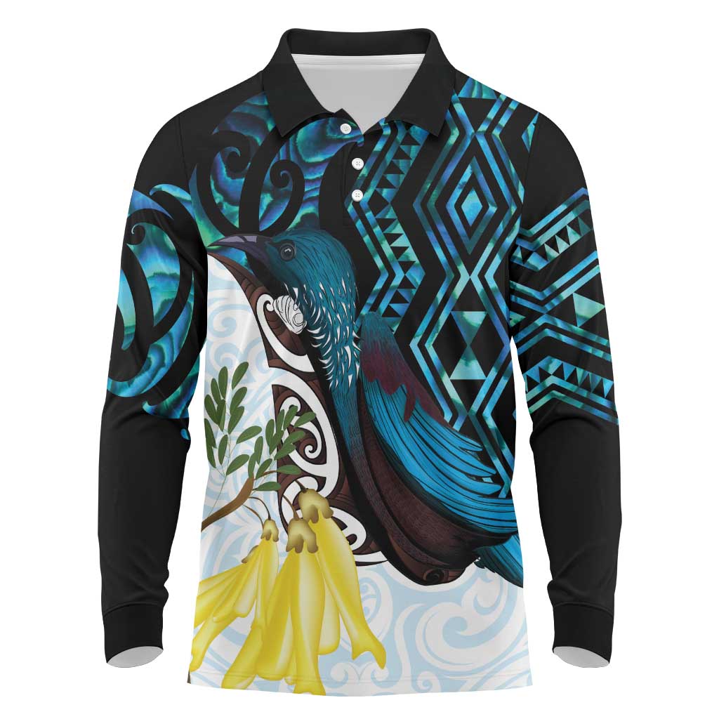 New Zealand Silver Fern Tui Bird Long Sleeve Polo Shirt Maori Kowhai Paua Shell Taniko Motifs LT14 Turquoise - Polynesian Pride