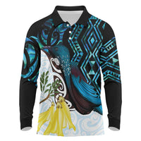 New Zealand Silver Fern Tui Bird Long Sleeve Polo Shirt Maori Kowhai Paua Shell Taniko Motifs LT14 Turquoise - Polynesian Pride