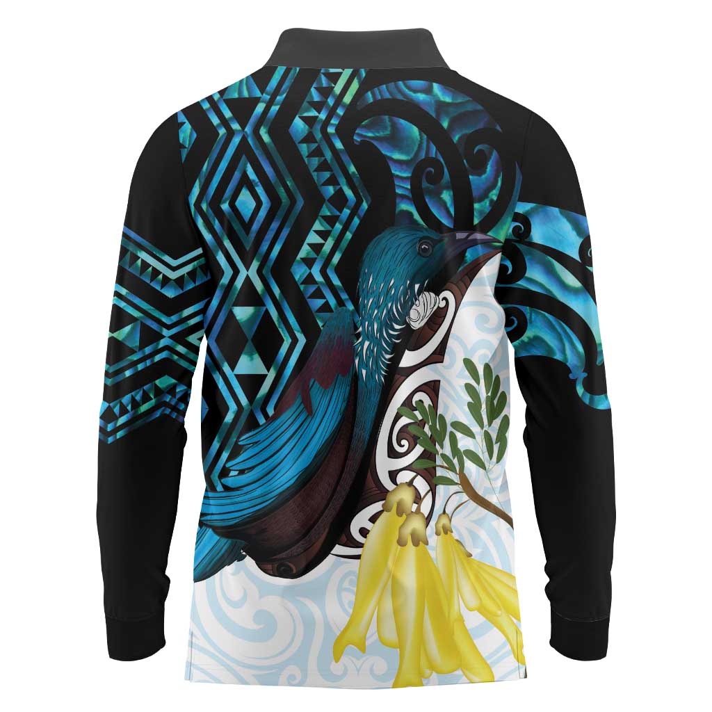 New Zealand Silver Fern Tui Bird Long Sleeve Polo Shirt Maori Kowhai Paua Shell Taniko Motifs LT14 - Polynesian Pride