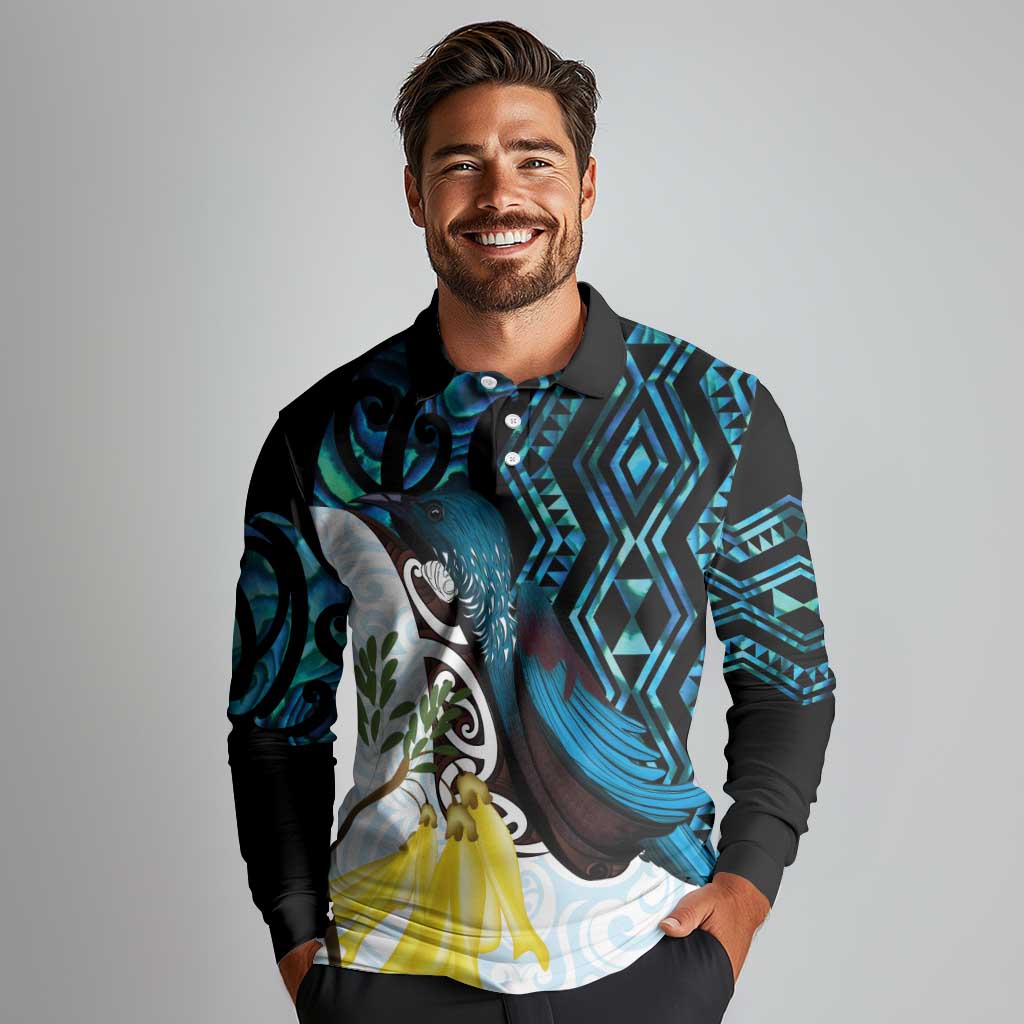 New Zealand Silver Fern Tui Bird Long Sleeve Polo Shirt Maori Kowhai Paua Shell Taniko Motifs LT14 - Polynesian Pride