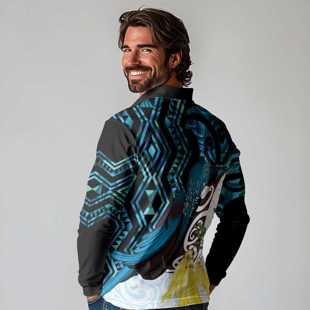 New Zealand Silver Fern Tui Bird Long Sleeve Polo Shirt Maori Kowhai Paua Shell Taniko Motifs LT14 - Polynesian Pride