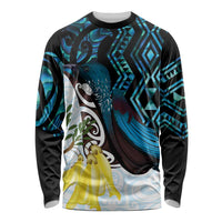 New Zealand Silver Fern Tui Bird Long Sleeve Shirt Maori Kowhai Paua Shell Taniko Motifs LT14 Unisex Turquoise - Polynesian Pride