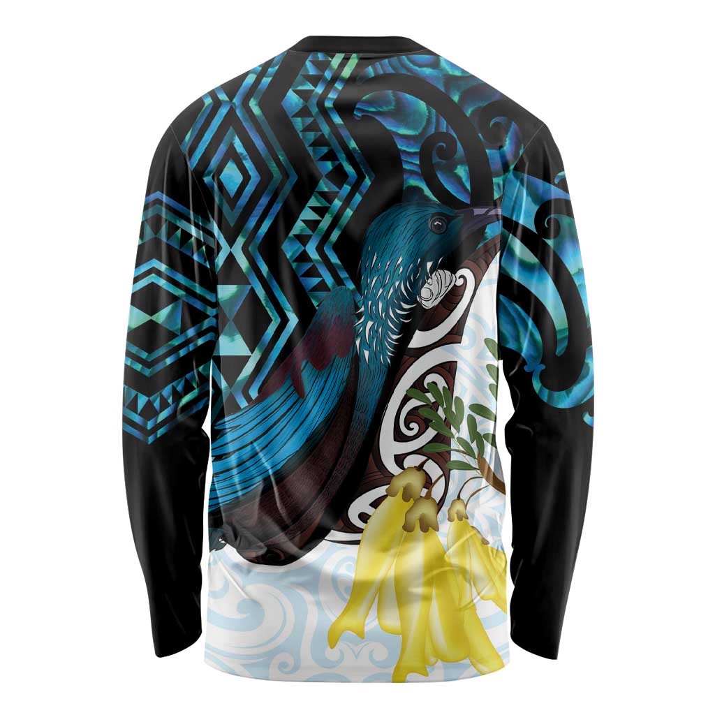 New Zealand Silver Fern Tui Bird Long Sleeve Shirt Maori Kowhai Paua Shell Taniko Motifs LT14 - Polynesian Pride
