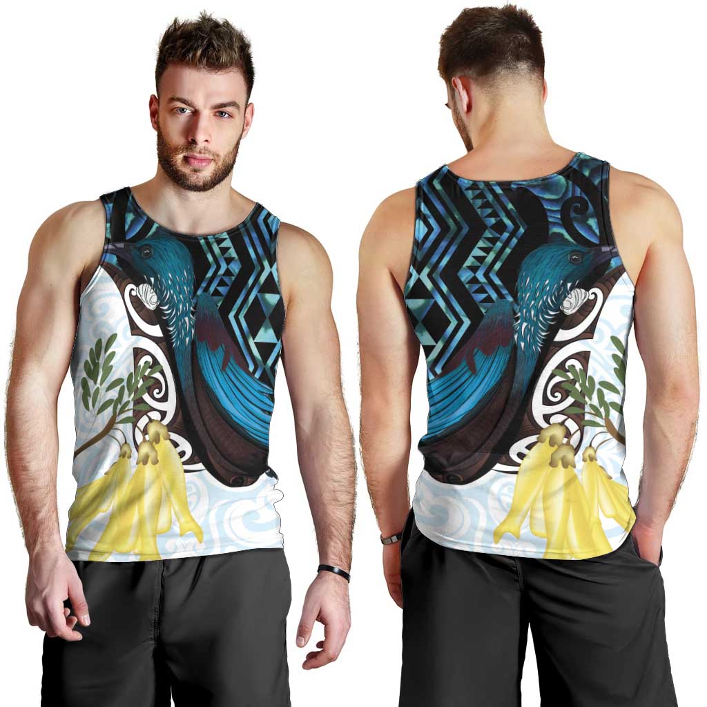 New Zealand Silver Fern Tui Bird Men Tank Top Maori Kowhai Paua Shell Taniko Motifs LT14 - Polynesian Pride