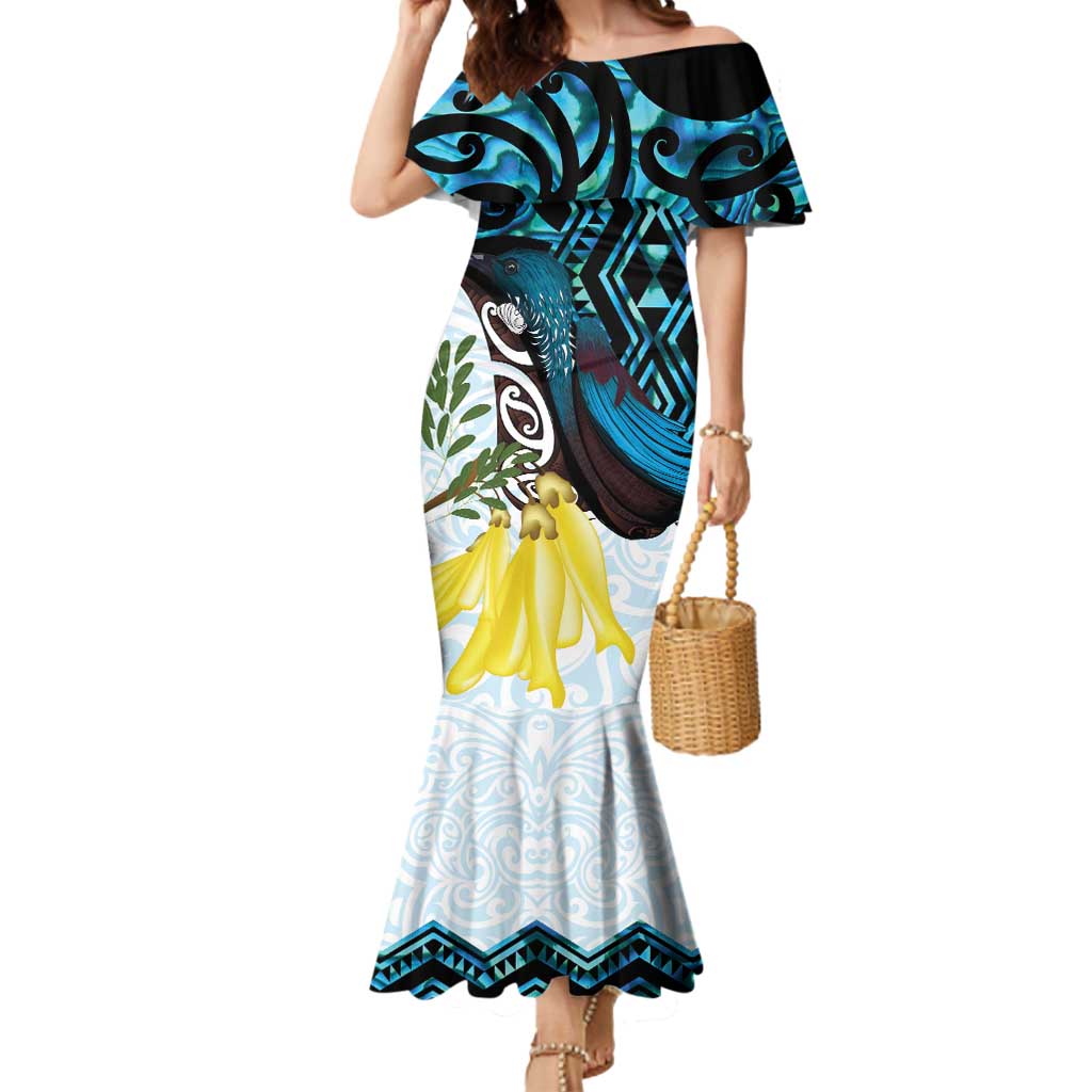 New Zealand Silver Fern Tui Bird Mermaid Dress Maori Kowhai Paua Shell Taniko Motifs LT14 Women Turquoise - Polynesian Pride