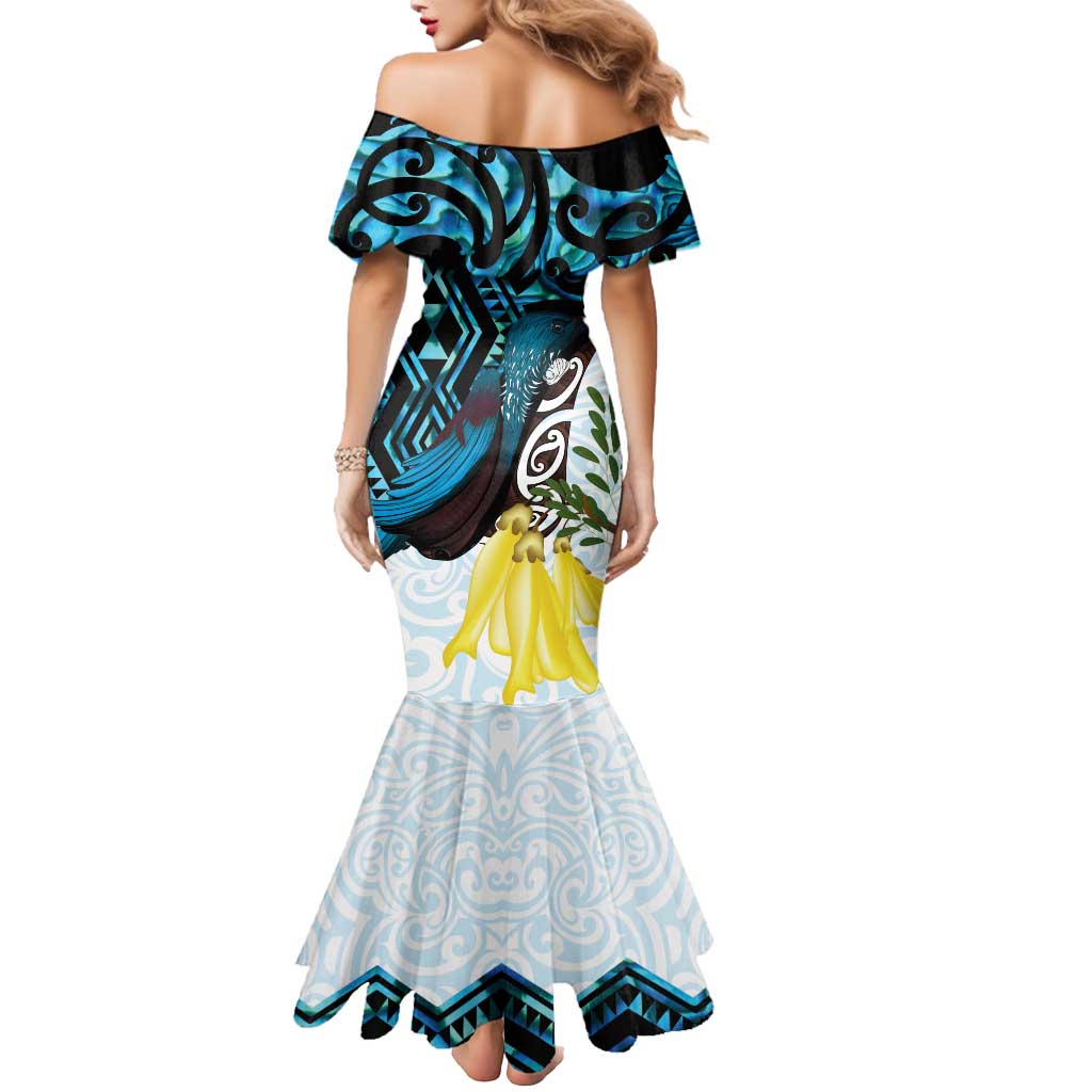 New Zealand Silver Fern Tui Bird Mermaid Dress Maori Kowhai Paua Shell Taniko Motifs LT14 - Polynesian Pride