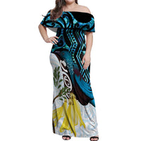 New Zealand Silver Fern Tui Bird Off Shoulder Maxi Dress Maori Kowhai Paua Shell Taniko Motifs LT14 Women Turquoise - Polynesian Pride