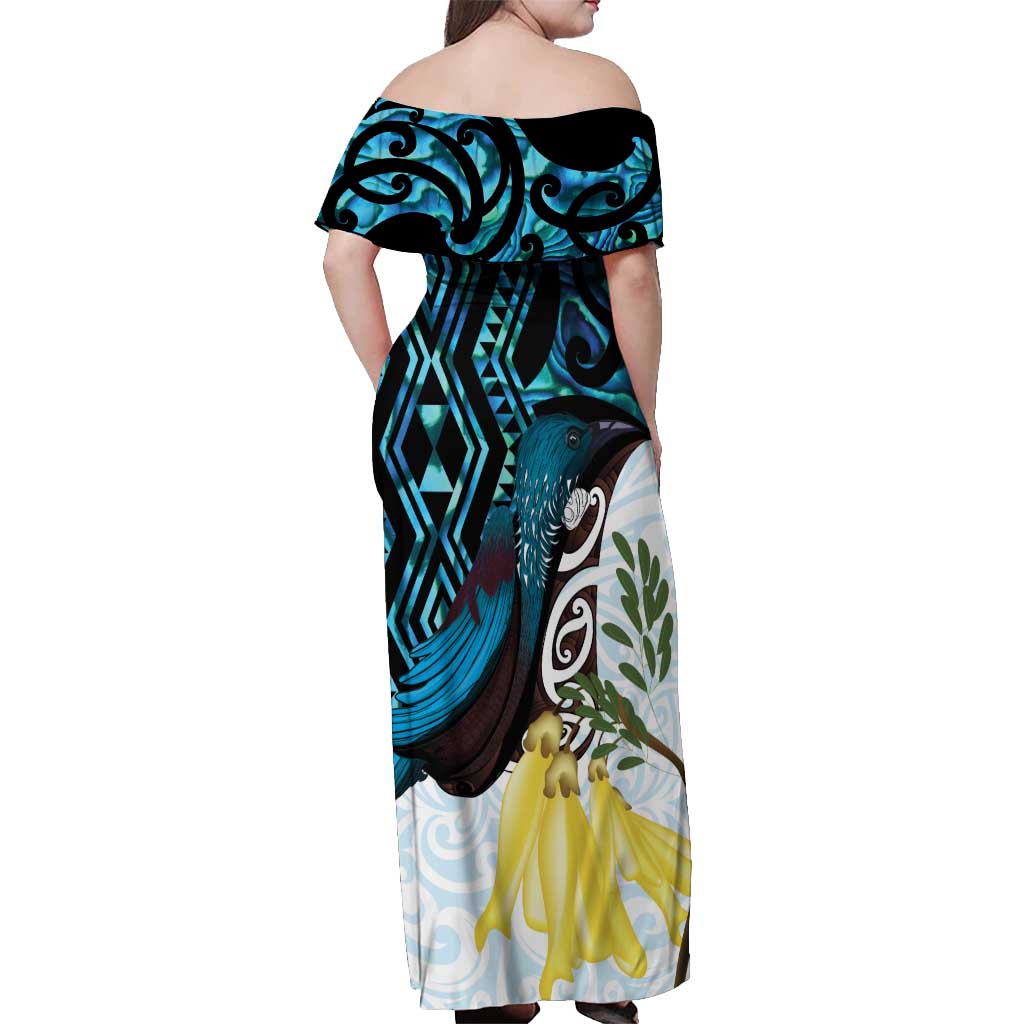 New Zealand Silver Fern Tui Bird Off Shoulder Maxi Dress Maori Kowhai Paua Shell Taniko Motifs LT14 - Polynesian Pride
