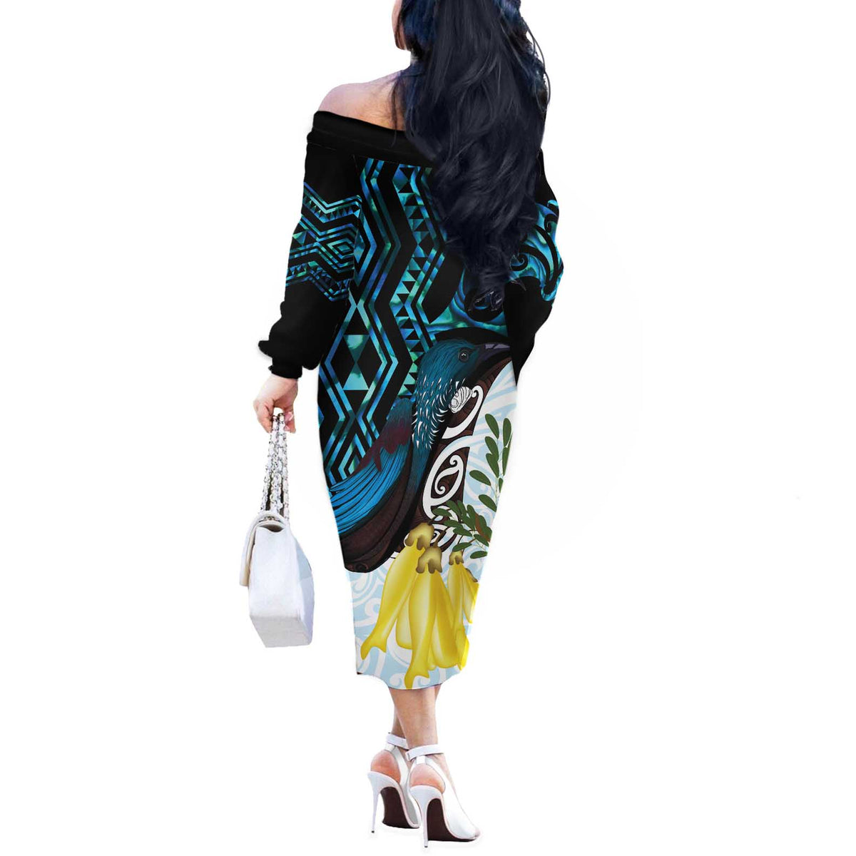 New Zealand Silver Fern Tui Bird Off The Shoulder Long Sleeve Dress Maori Kowhai Paua Shell Taniko Motifs LT14 - Polynesian Pride
