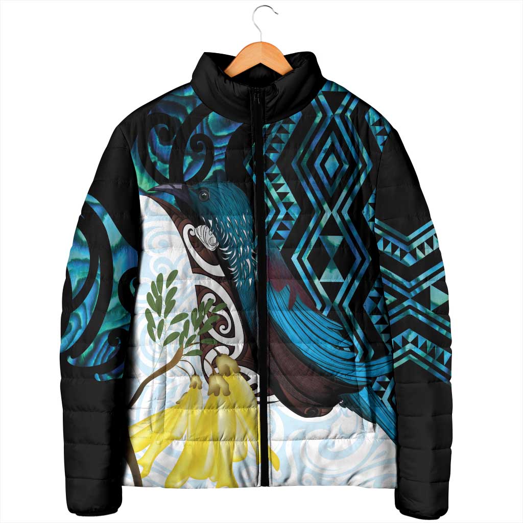 New Zealand Silver Fern Tui Bird Padded Jacket Maori Kowhai Paua Shell Taniko Motifs LT14 - Polynesian Pride
