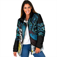 New Zealand Silver Fern Tui Bird Padded Jacket Maori Kowhai Paua Shell Taniko Motifs LT14 Women Turquoise - Polynesian Pride