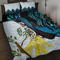 New Zealand Silver Fern Tui Bird Quilt Bed Set Maori Kowhai Paua Shell Taniko Motifs LT14 Turquoise - Polynesian Pride