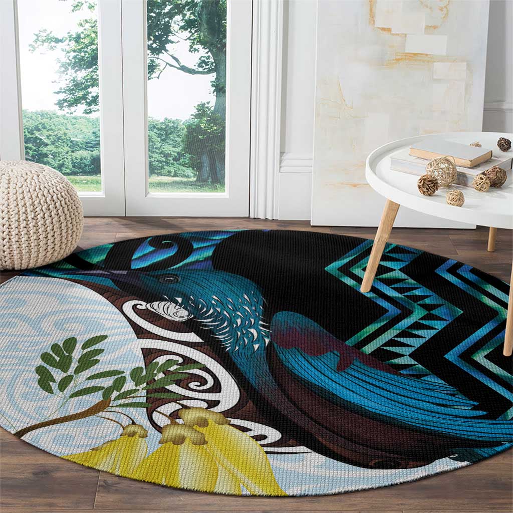 New Zealand Silver Fern Tui Bird Round Carpet Maori Kowhai Paua Shell Taniko Motifs LT14 - Polynesian Pride