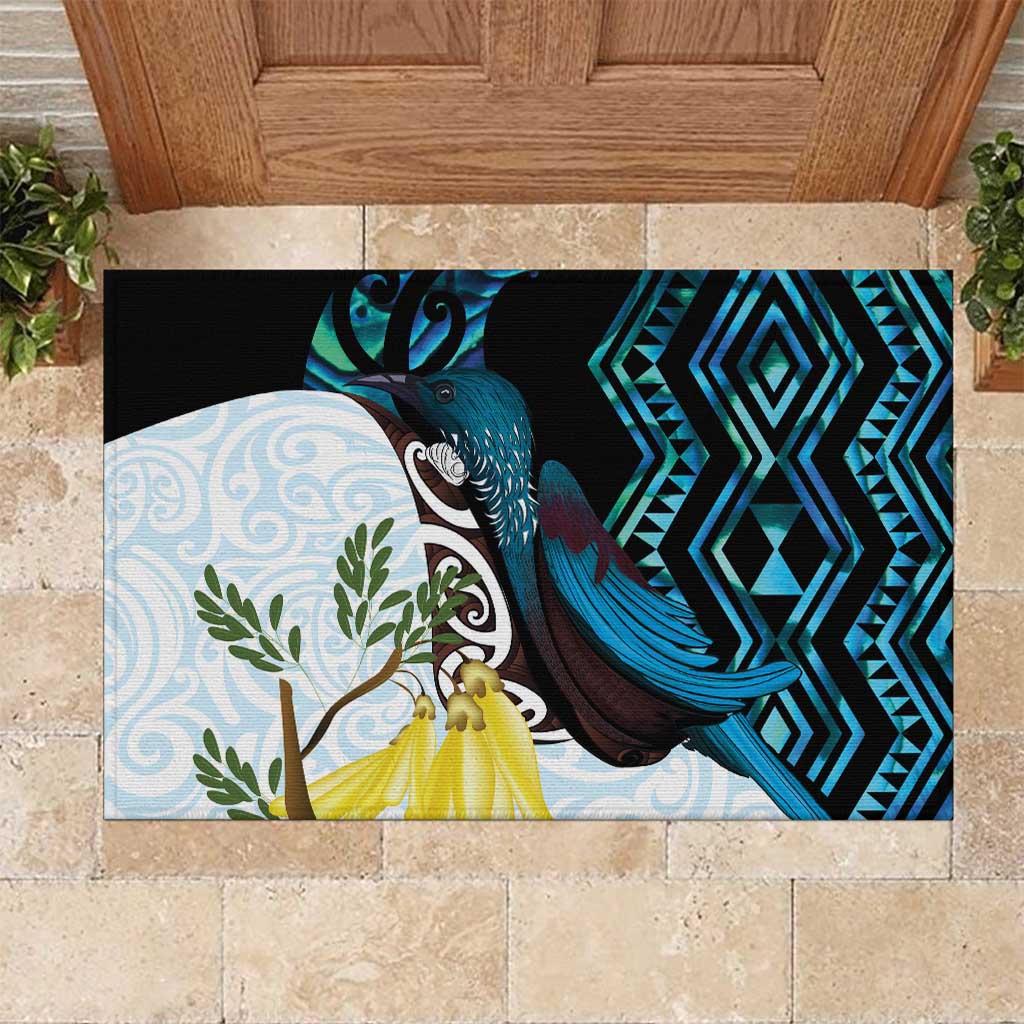 New Zealand Silver Fern Tui Bird Rubber Doormat Maori Kowhai Paua Shell Taniko Motifs LT14 Turquoise - Polynesian Pride