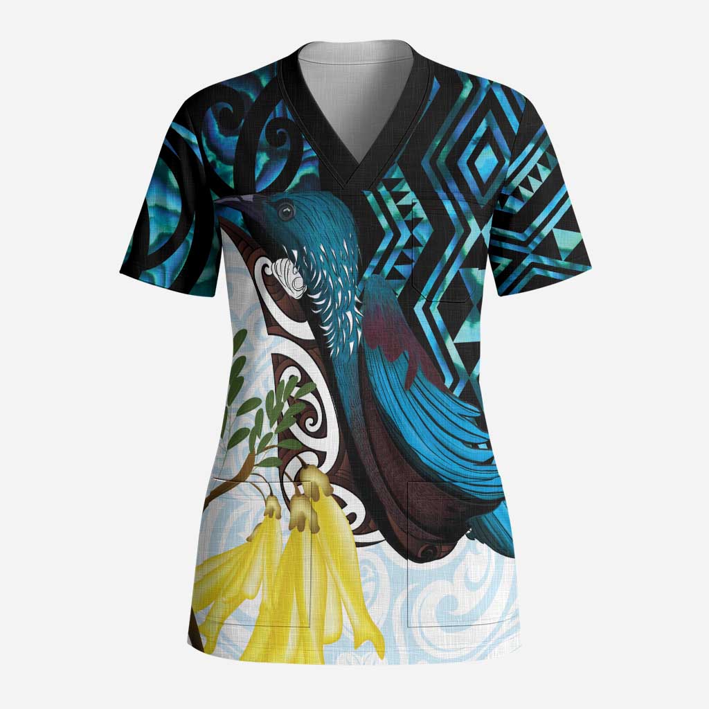 New Zealand Silver Fern Tui Bird Scrub Top Maori Kowhai Paua Shell Taniko Motifs LT14 Adult Turquoise - Polynesian Pride