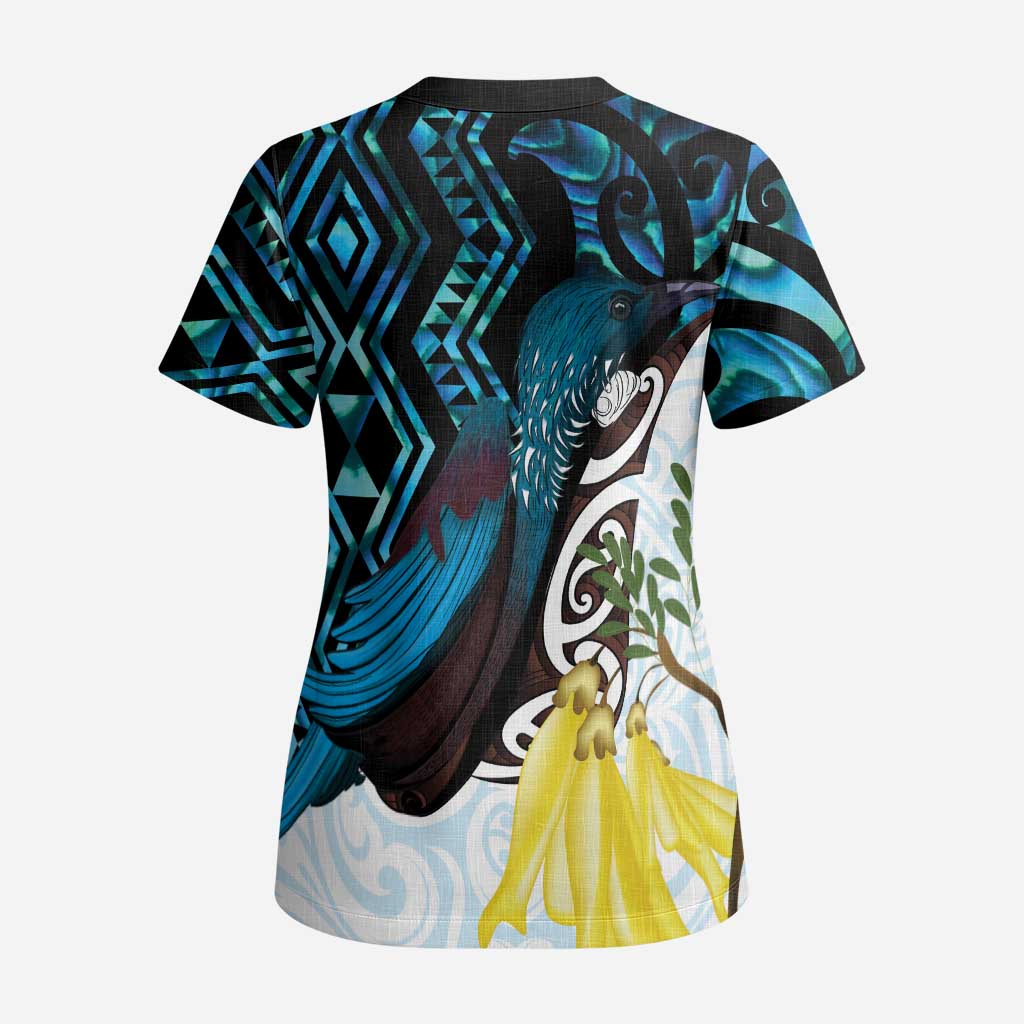 New Zealand Silver Fern Tui Bird Scrub Top Maori Kowhai Paua Shell Taniko Motifs LT14 - Polynesian Pride