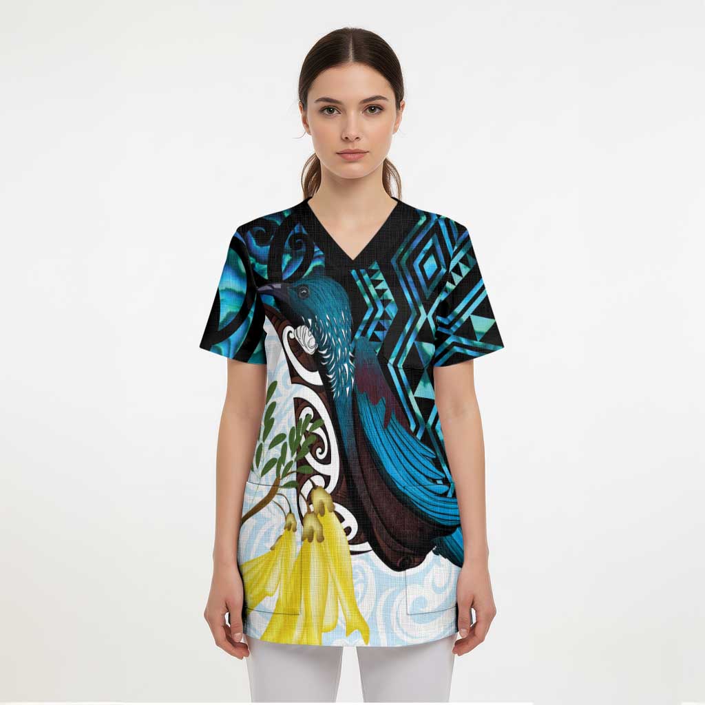 New Zealand Silver Fern Tui Bird Scrub Top Maori Kowhai Paua Shell Taniko Motifs LT14 - Polynesian Pride