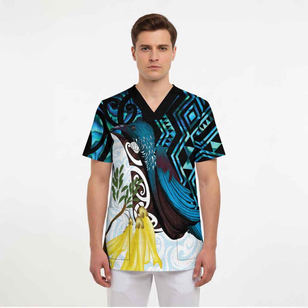 New Zealand Silver Fern Tui Bird Scrub Top Maori Kowhai Paua Shell Taniko Motifs LT14 - Polynesian Pride