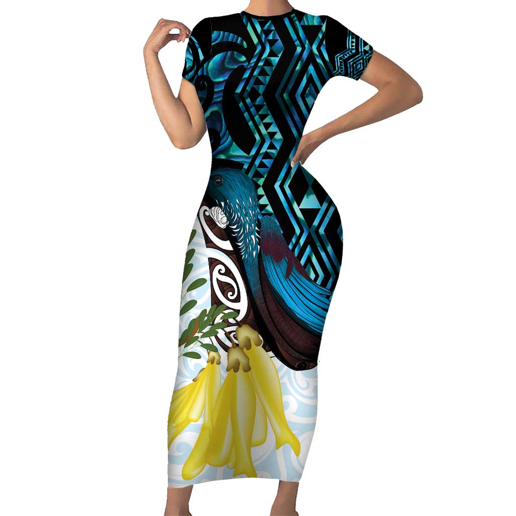 New Zealand Silver Fern Tui Bird Short Sleeve Bodycon Dress Maori Kowhai Paua Shell Taniko Motifs LT14 Long Dress Turquoise - Polynesian Pride
