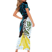 New Zealand Silver Fern Tui Bird Short Sleeve Bodycon Dress Maori Kowhai Paua Shell Taniko Motifs LT14 - Polynesian Pride