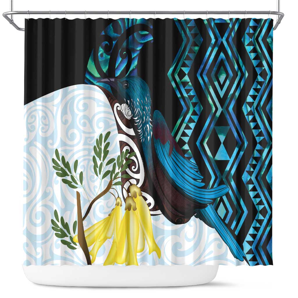 New Zealand Silver Fern Tui Bird Shower Curtain Maori Kowhai Paua Shell Taniko Motifs LT14 Turquoise - Polynesian Pride