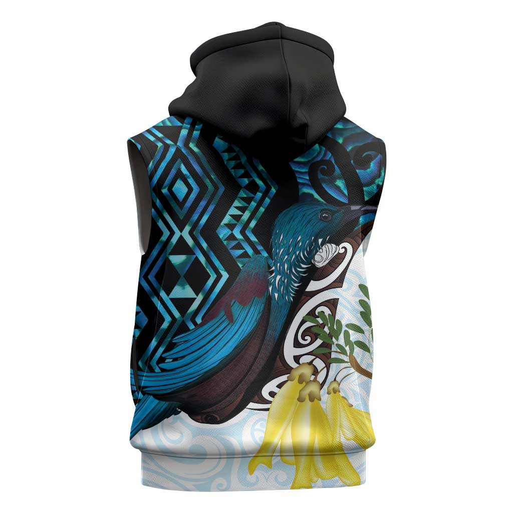 New Zealand Silver Fern Tui Bird Sleeveless Hoodie Maori Kowhai Paua Shell Taniko Motifs LT14 - Polynesian Pride