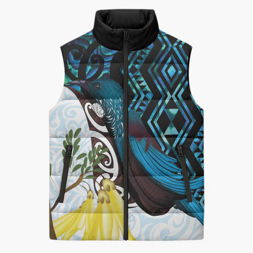 New Zealand Silver Fern Tui Bird Sleeveless Puffer Jacket Maori Kowhai Paua Shell Taniko Motifs LT14 Unisex Turquoise - Polynesian Pride