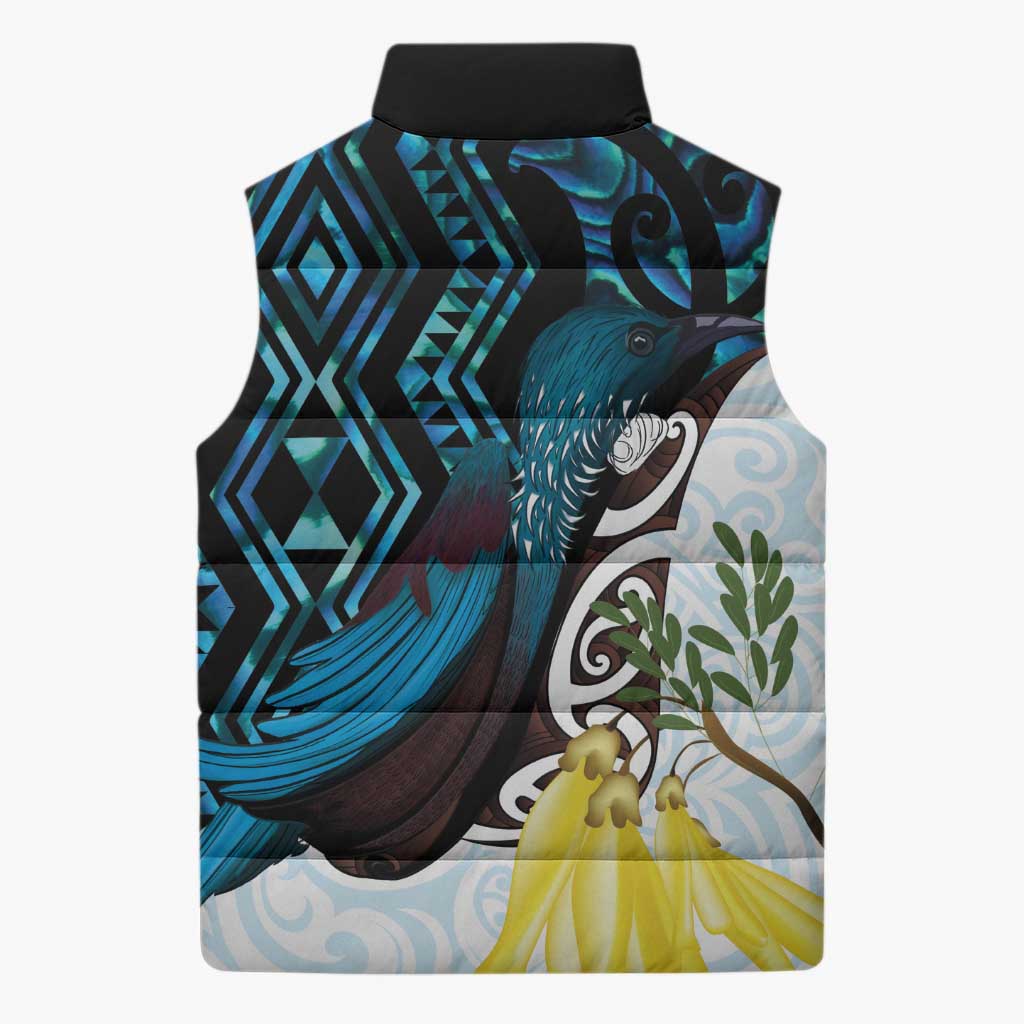 New Zealand Silver Fern Tui Bird Sleeveless Puffer Jacket Maori Kowhai Paua Shell Taniko Motifs LT14 - Polynesian Pride