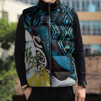 New Zealand Silver Fern Tui Bird Sleeveless Puffer Jacket Maori Kowhai Paua Shell Taniko Motifs LT14 - Polynesian Pride