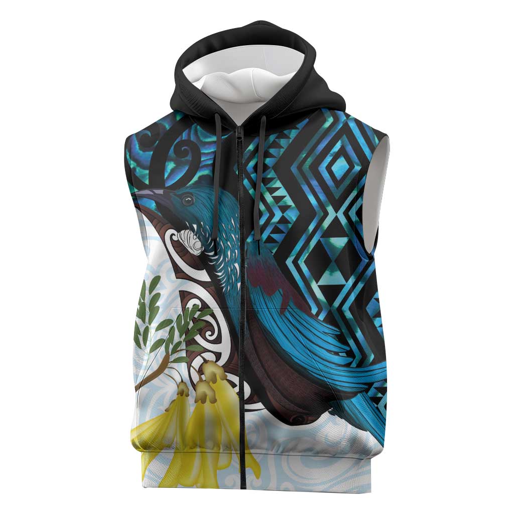 New Zealand Silver Fern Tui Bird Sleeveless Zip Hoodie Maori Kowhai Paua Shell Taniko Motifs - Polynesian Pride