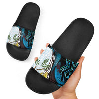 New Zealand Silver Fern Tui Bird Slide Sandals Maori Kowhai Paua Shell Taniko Motifs LT14 - Polynesian Pride