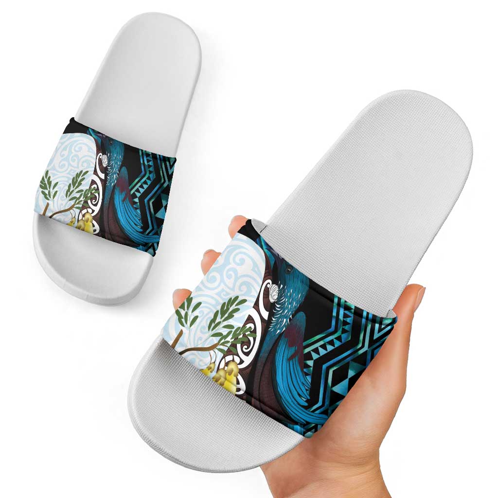 New Zealand Silver Fern Tui Bird Slide Sandals Maori Kowhai Paua Shell Taniko Motifs LT14 - Polynesian Pride