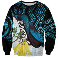 New Zealand Silver Fern Tui Bird Sweatshirt Maori Kowhai Paua Shell Taniko Motifs LT14 Unisex Turquoise - Polynesian Pride