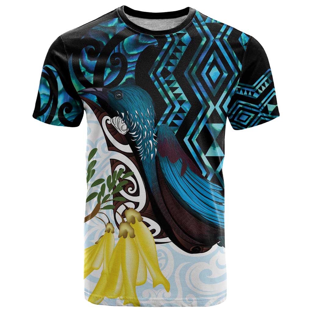 New Zealand Silver Fern Tui Bird T Shirt Maori Kowhai Paua Shell Taniko Motifs LT14 Turquoise - Polynesian Pride