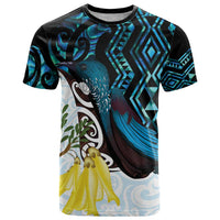 New Zealand Silver Fern Tui Bird T Shirt Maori Kowhai Paua Shell Taniko Motifs LT14 Turquoise - Polynesian Pride